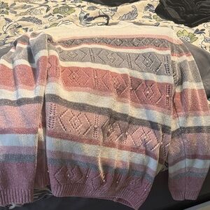 Alfred Dunner Striped Open-Knit Crewneck Sweater in Dusty Rose, Gray & Cream